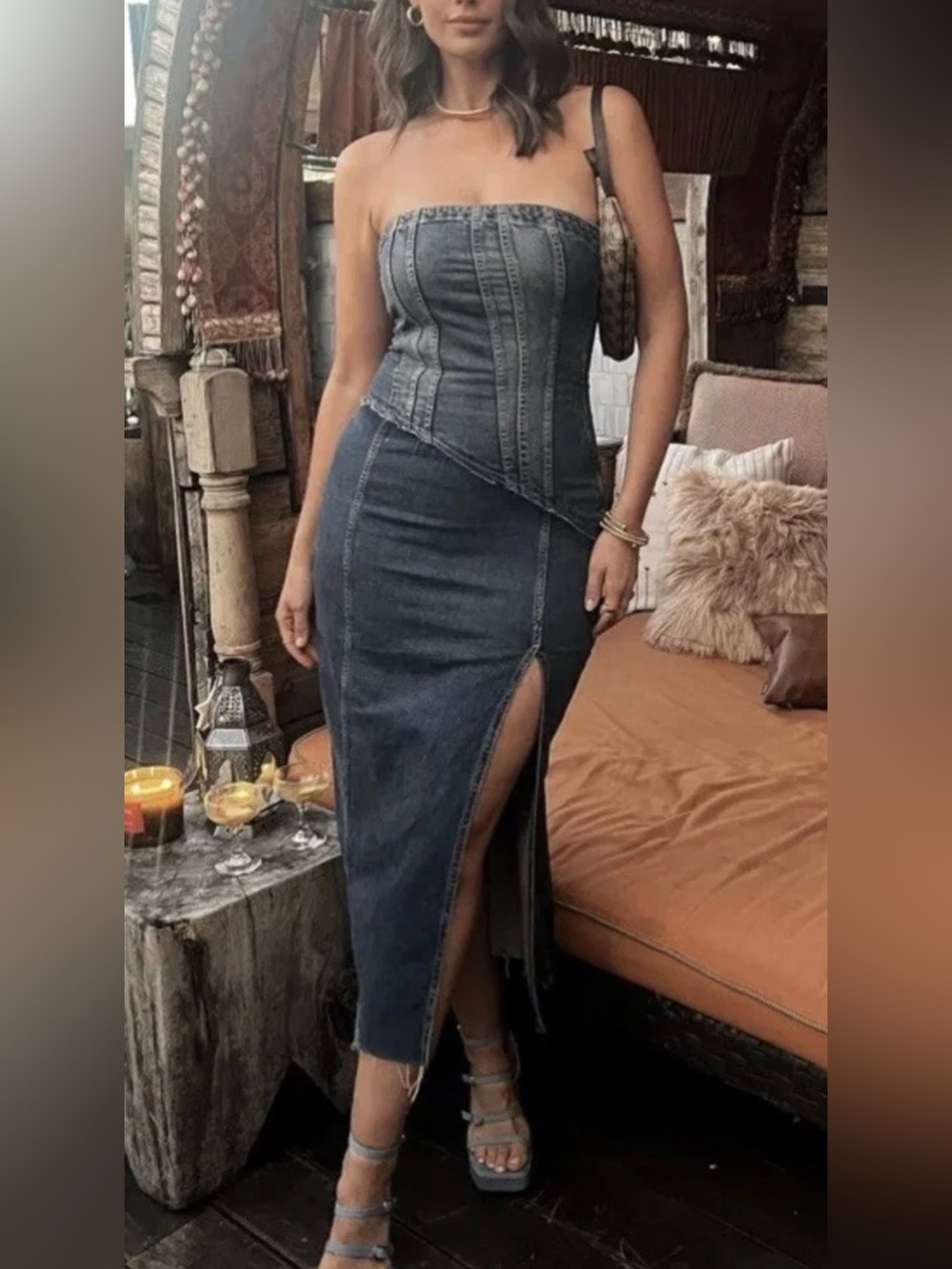 ZARA  WOMAN TRF STRAPLESS DENIM MIDI DRESS NAVY BLUE | 3643/241